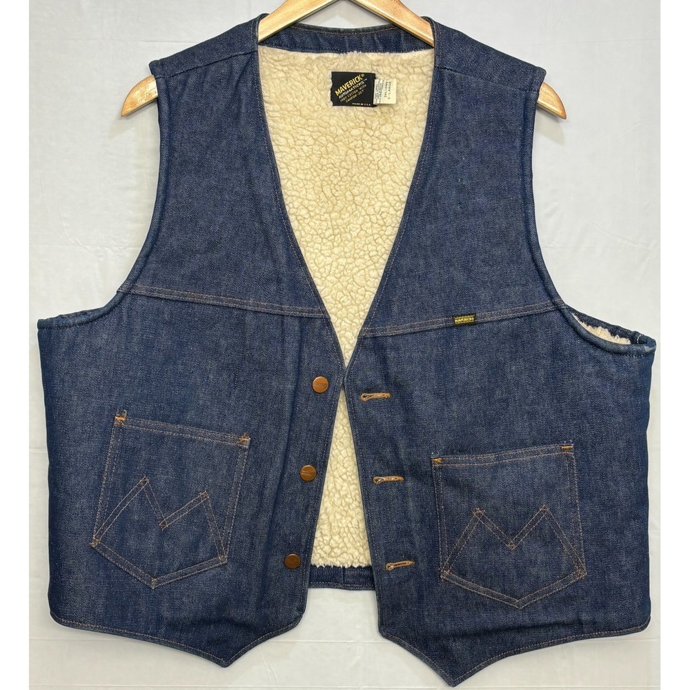 Maverick Sherpa Lined Denim Vest Mens XL Blue Western Vintage Made in USA
